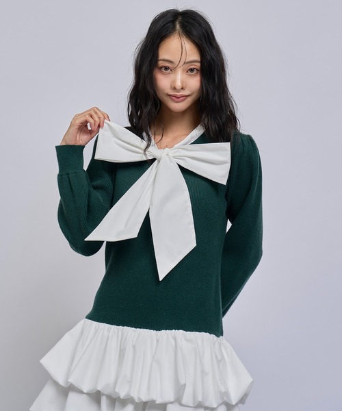 REDYAZEL(レディアゼル)の「【=LOVE 大場花菜さん着用】ビッグリボンティアードニットシャツミニワンピース(ワンピース・レディース・ネイビー/グリーン/ライトグレー・FREE)」の12枚目の写真