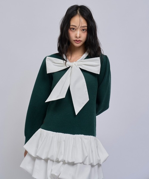 REDYAZEL(レディアゼル)の「【=LOVE 大場花菜さん着用】ビッグリボンティアードニットシャツミニワンピース(ワンピース・レディース・ネイビー/グリーン/ライトグレー・FREE)」の13枚目の写真