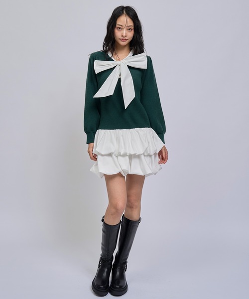 REDYAZEL(レディアゼル)の「【=LOVE 大場花菜さん着用】ビッグリボンティアードニットシャツミニワンピース(ワンピース・レディース・ネイビー/グリーン/ライトグレー・FREE)」の14枚目の写真