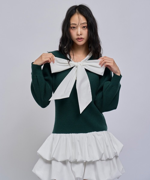 REDYAZEL(レディアゼル)の「【=LOVE 大場花菜さん着用】ビッグリボンティアードニットシャツミニワンピース(ワンピース・レディース・ネイビー/グリーン/ライトグレー・FREE)」の15枚目の写真