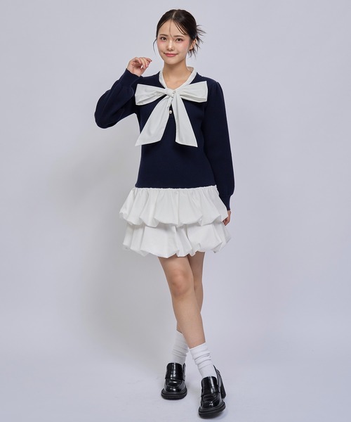 REDYAZEL(レディアゼル)の「【=LOVE 大場花菜さん着用】ビッグリボンティアードニットシャツミニワンピース(ワンピース・レディース・ネイビー/グリーン/ライトグレー・FREE)」の18枚目の写真