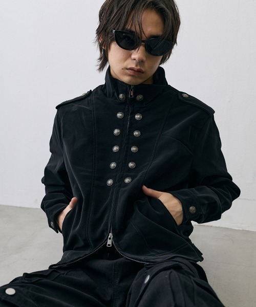 Shoowtime(ショウタイム)の「Military Napoleon Double Zip Jacket / ミリタリーナポレオンダブルジップベルベットライクジャケット(ミリタリージャケット・メンズ・ブラック/クリーム・X-LARGE/LARGE/MEDIUM/SMALL)」の2枚目の写真