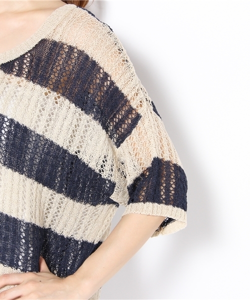 SLY LANG（スライラング）の「ボーダー透かしKnit PO（ニット/セーター・レディース・ベージュ/ネイビー・FREE）」の6枚目の写真
