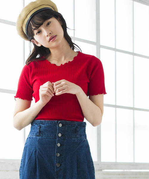 WEGO（ウィゴー）の「WEGO/メロウフリルリブTシャツ（Tシャツ/カットソー・レディース・レッド/イエロー/パープル/ブラック/ホワイト/ダークオレンジ/グリーン・FREE）」の6枚目の写真