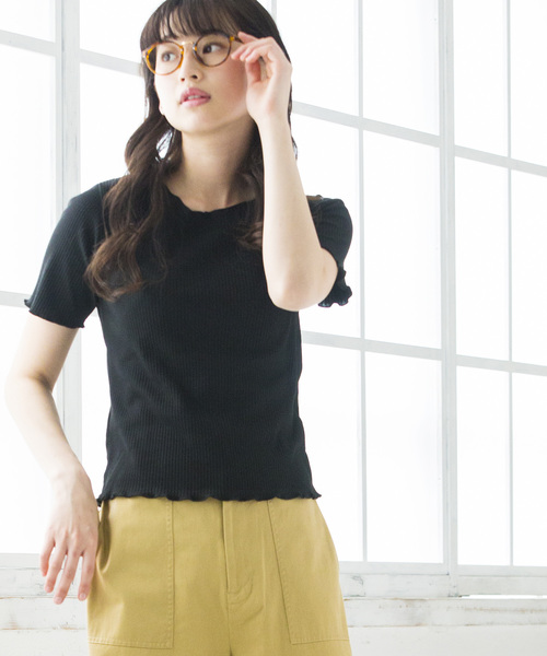 WEGO（ウィゴー）の「WEGO/メロウフリルリブTシャツ（Tシャツ/カットソー・レディース・レッド/イエロー/パープル/ブラック/ホワイト/ダークオレンジ/グリーン・FREE）」の3枚目の写真