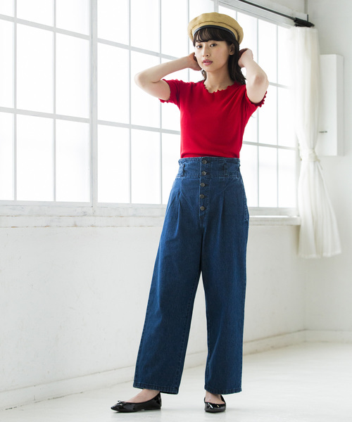 WEGO（ウィゴー）の「WEGO/メロウフリルリブTシャツ（Tシャツ/カットソー・レディース・レッド/イエロー/パープル/ブラック/ホワイト/ダークオレンジ/グリーン・FREE）」の16枚目の写真