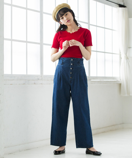 WEGO（ウィゴー）の「WEGO/メロウフリルリブTシャツ（Tシャツ/カットソー・レディース・レッド/イエロー/パープル/ブラック/ホワイト/ダークオレンジ/グリーン・FREE）」の19枚目の写真