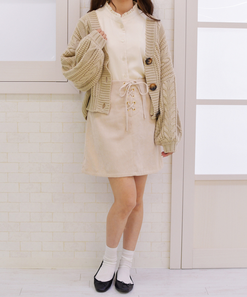 PairPair(ペアペア)の「コーデュロイ編み上げ台形スカート(スカート・レディース・ライトグレー/ブラック/ピンク/アイボリー/モカ・FREE)」の9枚目の写真