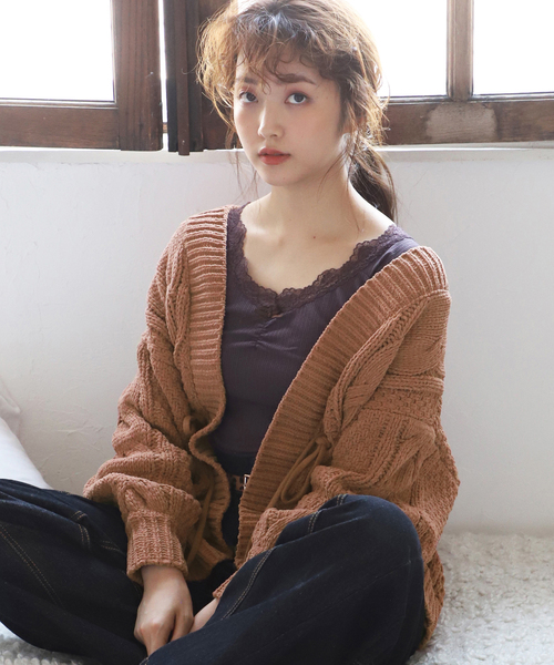 one after another NICE CLAUP（ワンアフターアナザーナイスクラップ）の「モールヤーンロングカーディガン（カーディガン/ボレロ・レディース・アイボリー/モカ/ベージュ/ブルー系その他/ピンクベージュ/レンガ・FREE）」の6枚目の写真