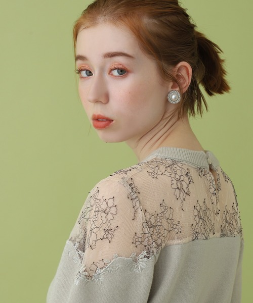 セール】デコルテ透けチュール刺繍ニット（ニット/セーター
