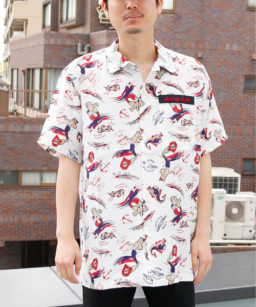 新品 アヴィレックス ゴルフ サマーガール総柄 ストレッチ アロハシャツ M 紺 ALOHA SHIRT 