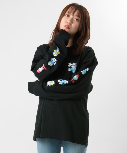 セール The Smurfs スマーフ Smfロゴ 袖プリント オーバーサイズ ワンポイント ユニセックス クルーネック ロングスリーブ ロンt 21 Spring Tシャツ カットソー Make A Ray メイク ア レイ のファッション通販 Zozotown