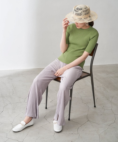 Chaco closet（チャコ クローゼット）の「5分袖サマーリブニット（ニット/セーター・レディース・ブラック/ベージュ/ブラウン/オフホワイト/ピンク/オレンジ/マスタード/モカ/グリーン系その他/ブルーグリーン・FREE）」の6枚目の写真