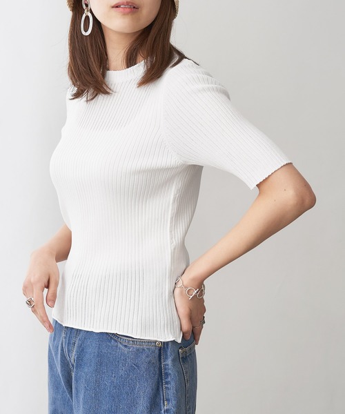 Chaco closet（チャコ クローゼット）の「5分袖サマーリブニット（ニット/セーター・レディース・ブラック/ベージュ/ブラウン/オフホワイト/ピンク/オレンジ/マスタード/モカ/グリーン系その他/ブルーグリーン・FREE）」の2枚目の写真