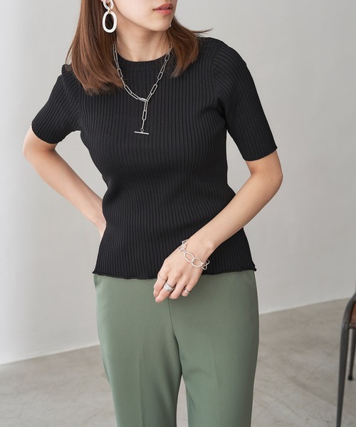 Chaco closet（チャコ クローゼット）の「5分袖サマーリブニット（ニット/セーター・レディース・ブラック/ベージュ/ブラウン/オフホワイト/ピンク/オレンジ/マスタード/モカ/グリーン系その他/ブルーグリーン・FREE）」の3枚目の写真