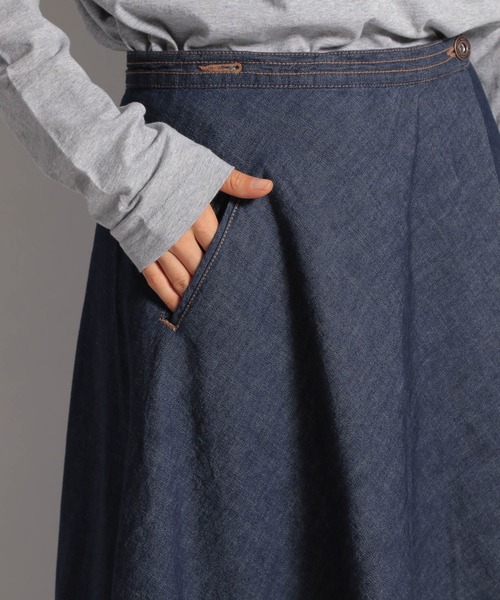 ニコアンド デニムロングスカート リボン付き □niko andデニムマキシロング丈フレアスカートL青ブルーdenim
