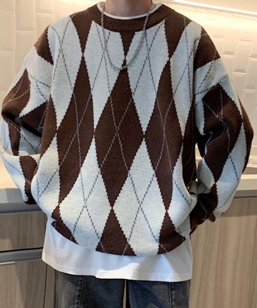 MGV（エムジーヴィー）の「ラウンドネックダイヤモンドユースセーター（ニット/セーター・メンズ・ブラウン/グレー/ネイビー・MEDIUM/LARGE/X-LARGE）」の3枚目の写真