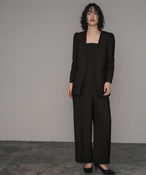 結婚式 フォーマル パンツスーツ お呼ばれ セール】ノーカラージャケット・オールインワン セットアップ パンツ
