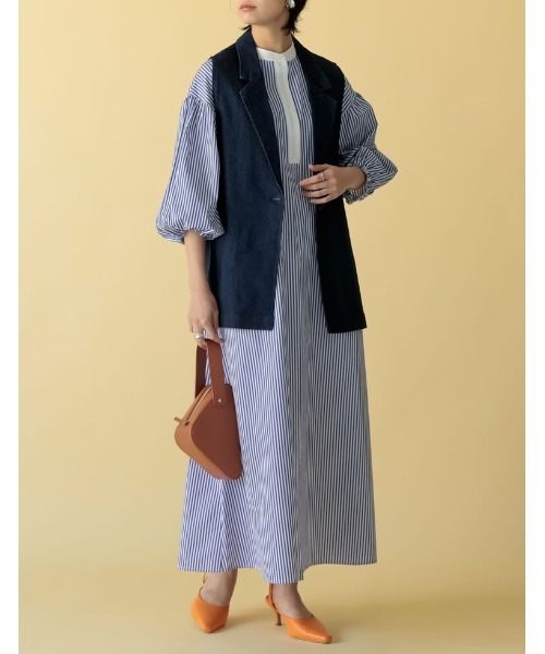 Re:EDIT（リエディ）の「バンドカラーストライプシャツワンピース（シャツワンピース・レディース・ネイビー/ブルー・MEDIUM/LARGE/SHORT）」の2枚目の写真