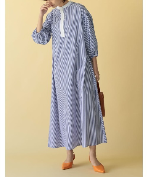 Re:EDIT（リエディ）の「バンドカラーストライプシャツワンピース（シャツワンピース・レディース・ネイビー/ブルー・MEDIUM/LARGE/SHORT）」の3枚目の写真
