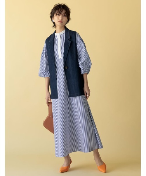 Re:EDIT（リエディ）の「バンドカラーストライプシャツワンピース（シャツワンピース・レディース・ネイビー/ブルー・MEDIUM/LARGE/SHORT）」の7枚目の写真