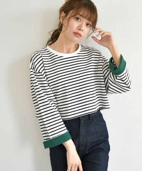 MAJESTIC LEGON（マジェスティックレゴン）の「ボーダーショートトップス（Tシャツ/カットソー・レディース・ホワイト系その他2/ピンク系その他2/グリーン系その他/ブラック系その他・MEDIUM）」の2枚目の写真