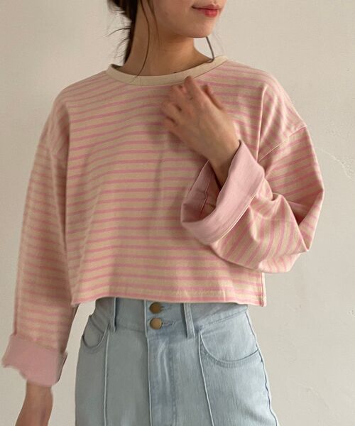 MAJESTIC LEGON（マジェスティックレゴン）の「ボーダーショートトップス（Tシャツ/カットソー・レディース・ホワイト系その他2/ピンク系その他2/グリーン系その他/ブラック系その他・MEDIUM）」の4枚目の写真