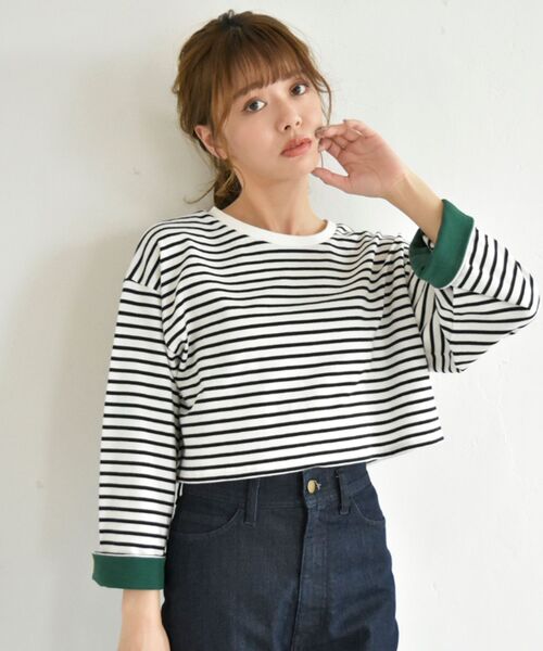 MAJESTIC LEGON（マジェスティックレゴン）の「ボーダーショートトップス（Tシャツ/カットソー・レディース・ホワイト系その他2/ピンク系その他2/グリーン系その他/ブラック系その他・MEDIUM）」の6枚目の写真