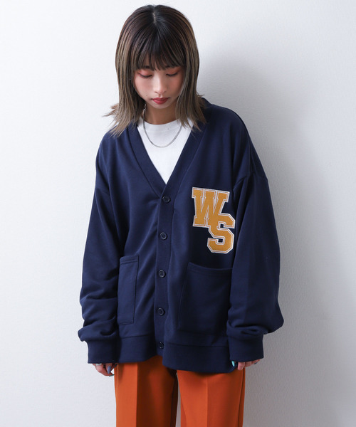 ZIP FIVE（ジップファイブ）の「【loot box】 裏毛ワッペン刺繍カレッジロゴ　スウェットカーディガン（カーディガン/ボレロ・レディース・サックスブルー/グリーン/イエロー/ホワイト/ネイビー・MEDIUM/LARGE）」の4枚目の写真