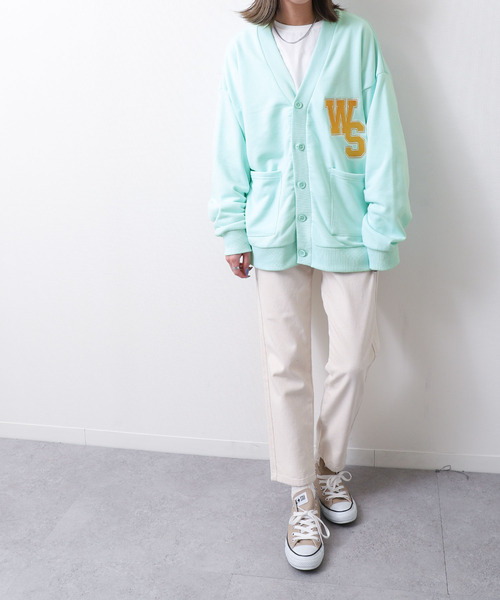 ZIP FIVE（ジップファイブ）の「【loot box】 裏毛ワッペン刺繍カレッジロゴ　スウェットカーディガン（カーディガン/ボレロ・レディース・サックスブルー/グリーン/イエロー/ホワイト/ネイビー・MEDIUM/LARGE）」の18枚目の写真