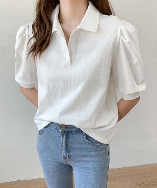 Diosfront(ディオスフロント)の「衿付パワーショルダーポロシャツ(Tシャツ/カットソー・レディース・ホワイト/ブラック/グレー/パープル・S/M)」の5枚目の写真