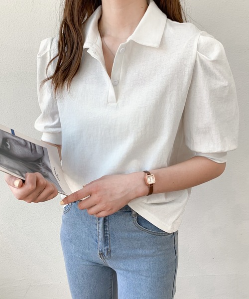Diosfront(ディオスフロント)の「衿付パワーショルダーポロシャツ(Tシャツ/カットソー・レディース・ホワイト/ブラック/グレー/パープル・S/M)」の6枚目の写真