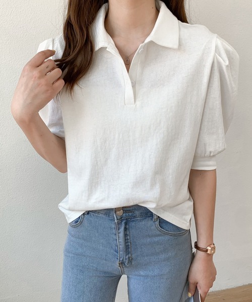 Diosfront(ディオスフロント)の「衿付パワーショルダーポロシャツ(Tシャツ/カットソー・レディース・ホワイト/ブラック/グレー/パープル・S/M)」の8枚目の写真