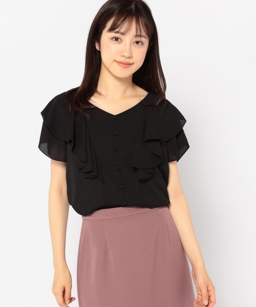 MISCH MASCH（ミッシュマッシュ）の「ラッフル袖カバーリングカラーブラウス（シャツ/ブラウス・レディース・ブラック/ホワイト・MEDIUM）」の2枚目の写真
