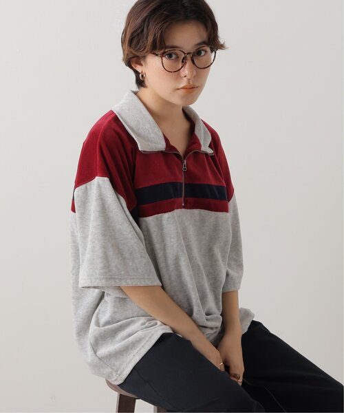 DOUBLE NAME(ダブルネーム)の「ベロアハーフZIP5分袖プルオーバー(Tシャツ/カットソー・レディース・キャメル/ブラック/杢グレー・FREE)」の1枚目の写真
