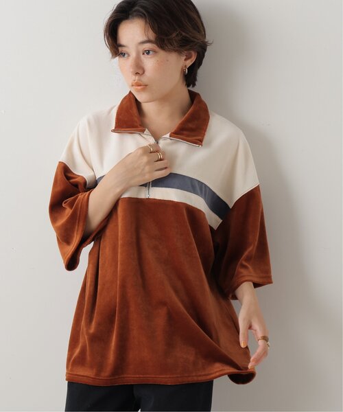 DOUBLE NAME(ダブルネーム)の「ベロアハーフZIP5分袖プルオーバー(Tシャツ/カットソー・レディース・キャメル/ブラック/杢グレー・FREE)」の3枚目の写真