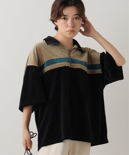 DOUBLE NAME(ダブルネーム)の「ベロアハーフZIP5分袖プルオーバー(Tシャツ/カットソー・レディース・キャメル/ブラック/杢グレー・FREE)」の2枚目の写真