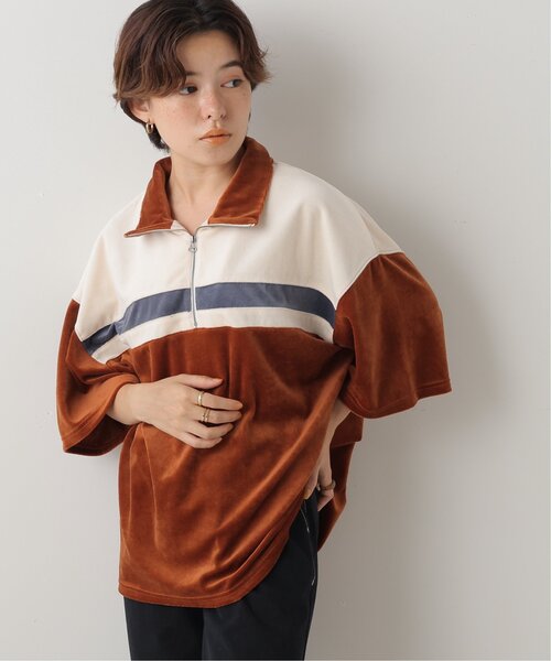 DOUBLE NAME(ダブルネーム)の「ベロアハーフZIP5分袖プルオーバー(Tシャツ/カットソー・レディース・キャメル/ブラック/杢グレー・FREE)」の4枚目の写真