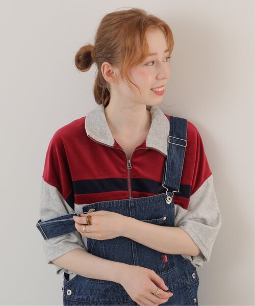 DOUBLE NAME(ダブルネーム)の「ベロアハーフZIP5分袖プルオーバー(Tシャツ/カットソー・レディース・キャメル/ブラック/杢グレー・FREE)」の14枚目の写真