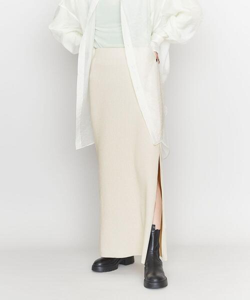 ASTRAET(アストラット)の「<ASTRAET>C/P ブークレー スリット リブ マキシスカート(スカート・レディース・ブラック/オフホワイト/ダークグレー・FREE)」の2枚目の写真