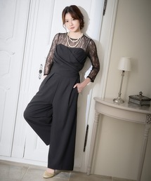 [CLOSED] パーティー ドレス 二次会 パンツスタイル カシュクール風 袖レース オールインワン パンツドレス 大きいサイズ 20代 30代 お呼ばれ 結婚式