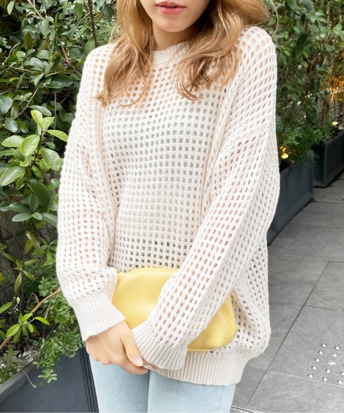 StyleSea(スタイルシー)の「スクエアメッシュニットプルオーバー(ニット/セーター・レディース・オフホワイト/ベージュ/アイボリー/サックスブルー/ブラック・MEDIUM)」の2枚目の写真