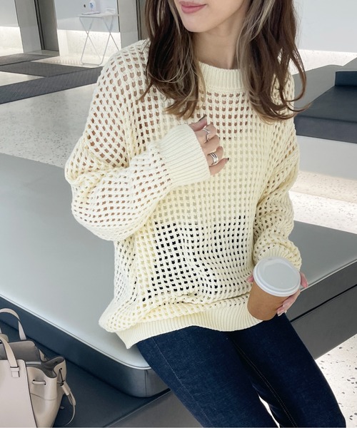 StyleSea(スタイルシー)の「スクエアメッシュニットプルオーバー(ニット/セーター・レディース・オフホワイト/ベージュ/アイボリー/サックスブルー/ブラック・MEDIUM)」の8枚目の写真