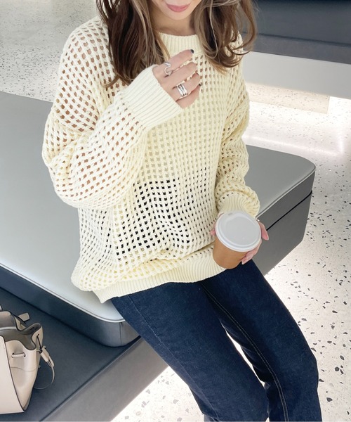 StyleSea(スタイルシー)の「スクエアメッシュニットプルオーバー(ニット/セーター・レディース・オフホワイト/ベージュ/アイボリー/サックスブルー/ブラック・MEDIUM)」の9枚目の写真