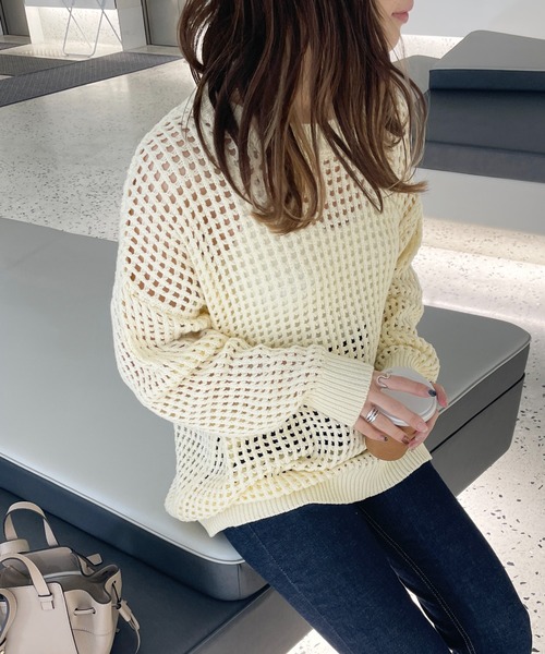 StyleSea(スタイルシー)の「スクエアメッシュニットプルオーバー(ニット/セーター・レディース・オフホワイト/ベージュ/アイボリー/サックスブルー/ブラック・MEDIUM)」の10枚目の写真