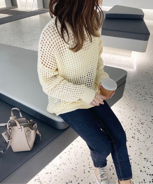 StyleSea(スタイルシー)の「スクエアメッシュニットプルオーバー(ニット/セーター・レディース・オフホワイト/ベージュ/アイボリー/サックスブルー/ブラック・MEDIUM)」の11枚目の写真