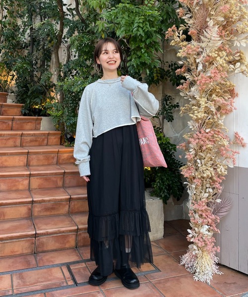 CIAOPANIC(チャオパニック)の「配色ステッチショートスウェット(スウェット・レディース・グレー/オフホワイト/オレンジ・FREE)」の7枚目の写真