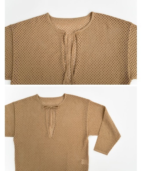 透かし編みキーネックニットプルオーバー