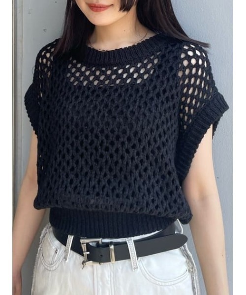 SLY（スライ）の「GRID MESH VEST グリッド メッシュ ベスト ノースリーブ シアー 透け クロシェニット（ベスト・レディース・ブルー系その他/ブラック・FREE）」の15枚目の写真