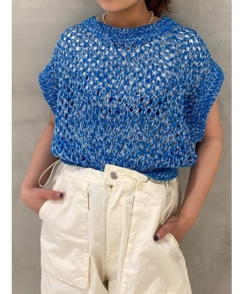 SLY（スライ）の「GRID MESH VEST グリッド メッシュ ベスト ノースリーブ シアー 透け クロシェニット（ベスト・レディース・ブルー系その他/ブラック・FREE）」の16枚目の写真